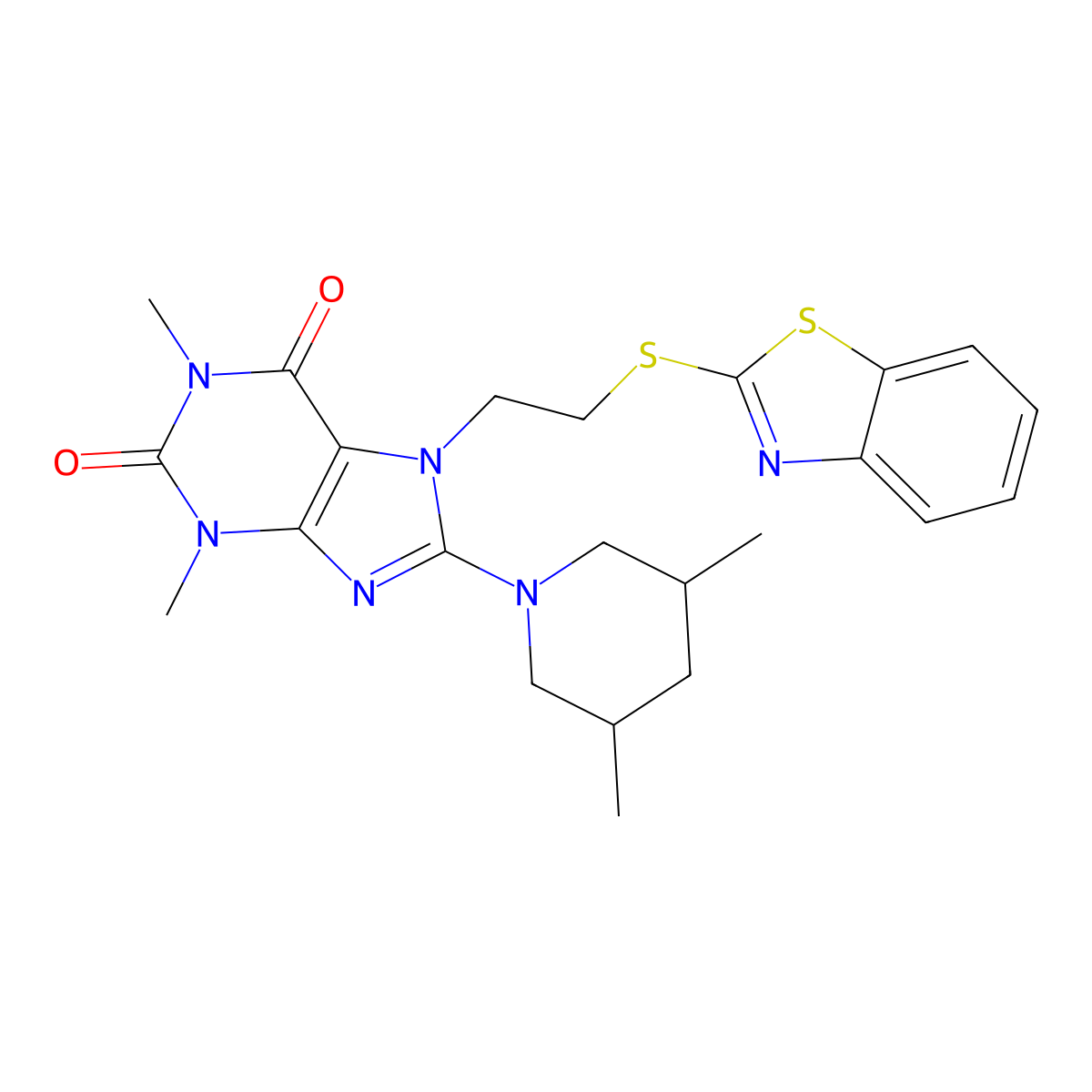 7-(2-(benzo[d]thiazol-2-ylthio)ethyl)-8-(3,5-dimethylpiperidin-1-yl)-1,3-dimethyl-1H-purine-2,6(3H,7H)-dione molecular structure, CAS 685860-69-9