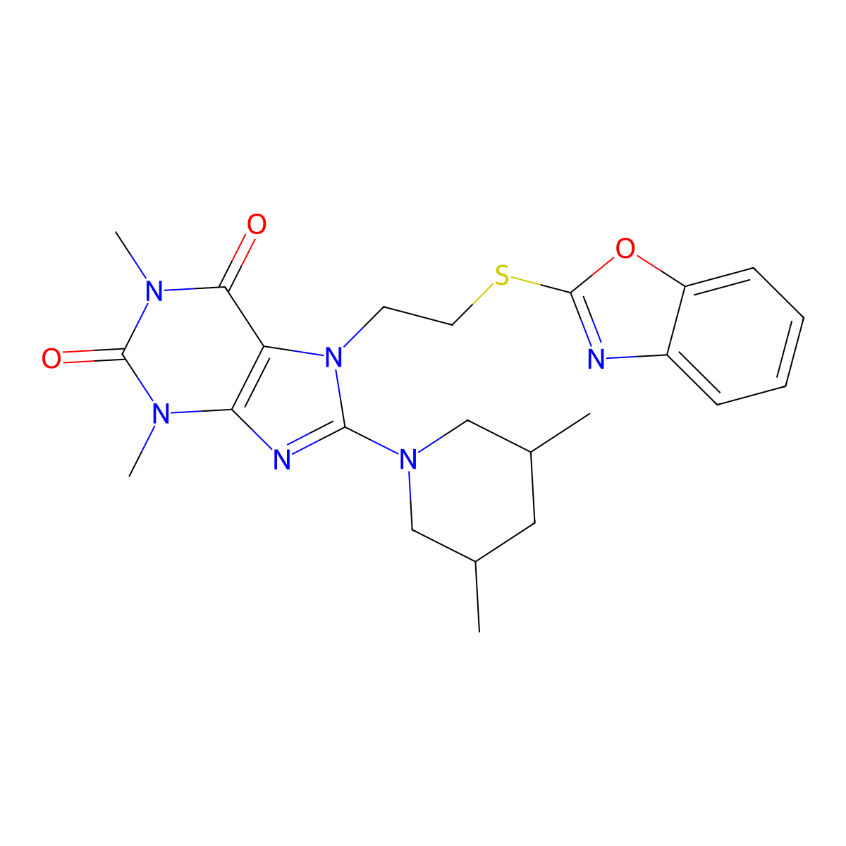7-(2-(benzo[d]oxazol-2-ylthio)ethyl)-8-(3,5-dimethylpiperidin-1-yl)-1,3-dimethyl-1H-purine-2,6(3H,7H)-dione molecular structure, CAS 685860-70-2