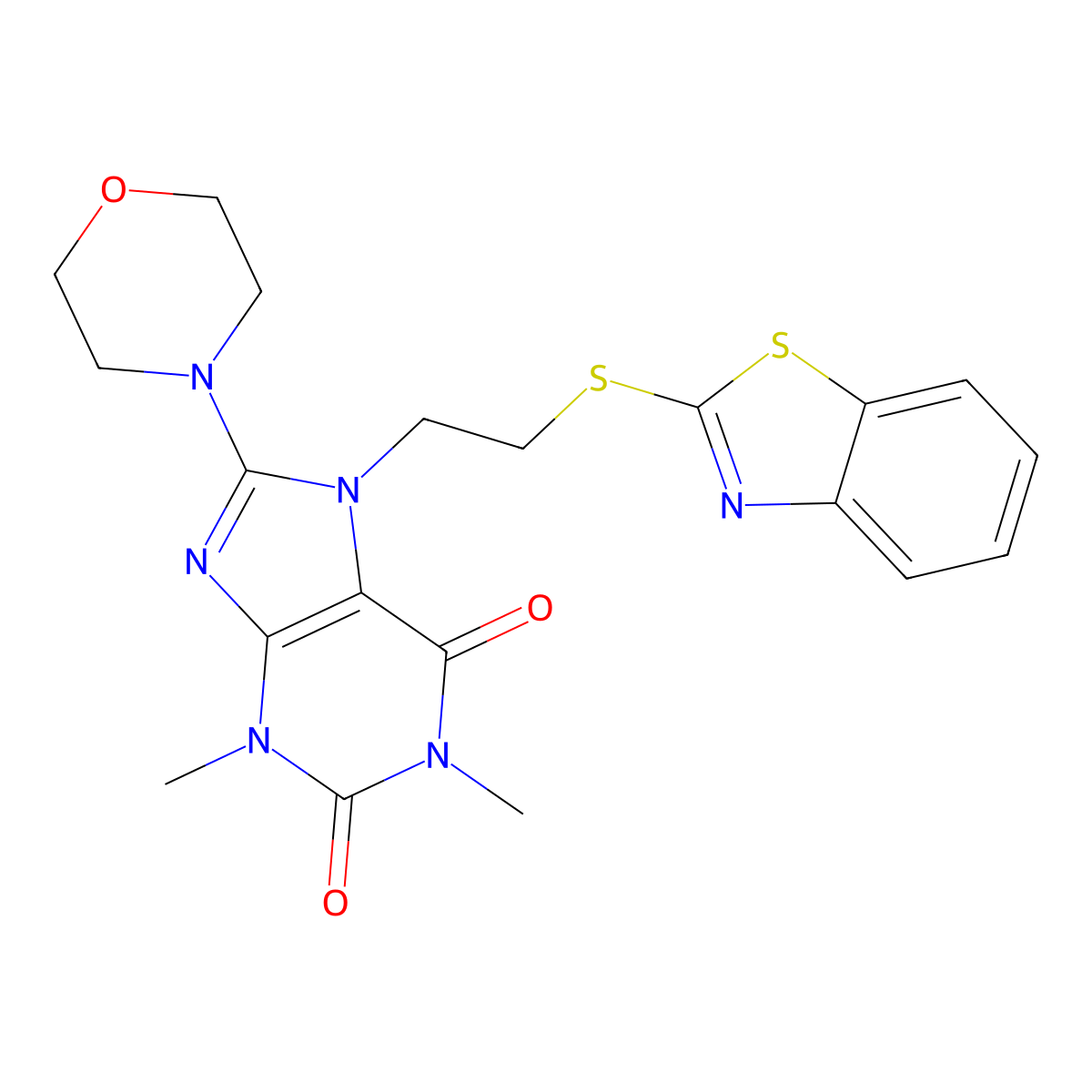 7-(2-(benzo[d]thiazol-2-ylthio)ethyl)-1,3-dimethyl-8-morpholino-1H-purine-2,6(3H,7H)-dione molecular structure, CAS 685860-72-4