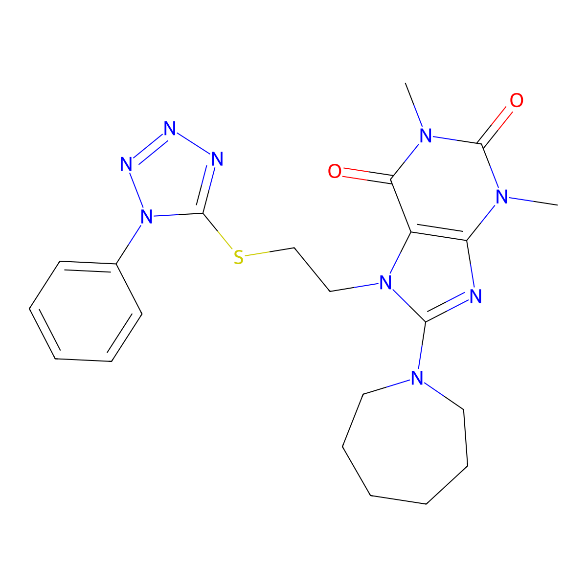 8-(azepan-1-yl)-1,3-dimethyl-7-(2-((1-phenyl-1H-tetrazol-5-yl)thio)ethyl)-1H-purine-2,6(3H,7H)-dione molecular structure, CAS 685860-77-9