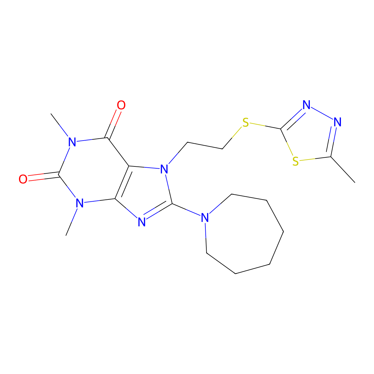 8-(azepan-1-yl)-1,3-dimethyl-7-(2-((5-methyl-1,3,4-thiadiazol-2-yl)thio)ethyl)-1H-purine-2,6(3H,7H)-dione molecular structure, CAS 685860-78-0