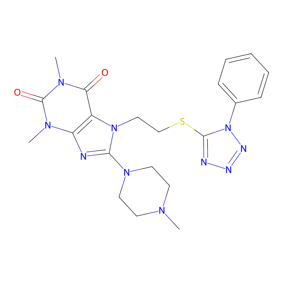 1,3-Dimethyl-8-(4-methylpiperazin-1-yl)-7-[2-(1-phenyltetrazol-5-yl)sulfanylethyl]purine-2,6-dione molecular structure, CAS 685860-79-1