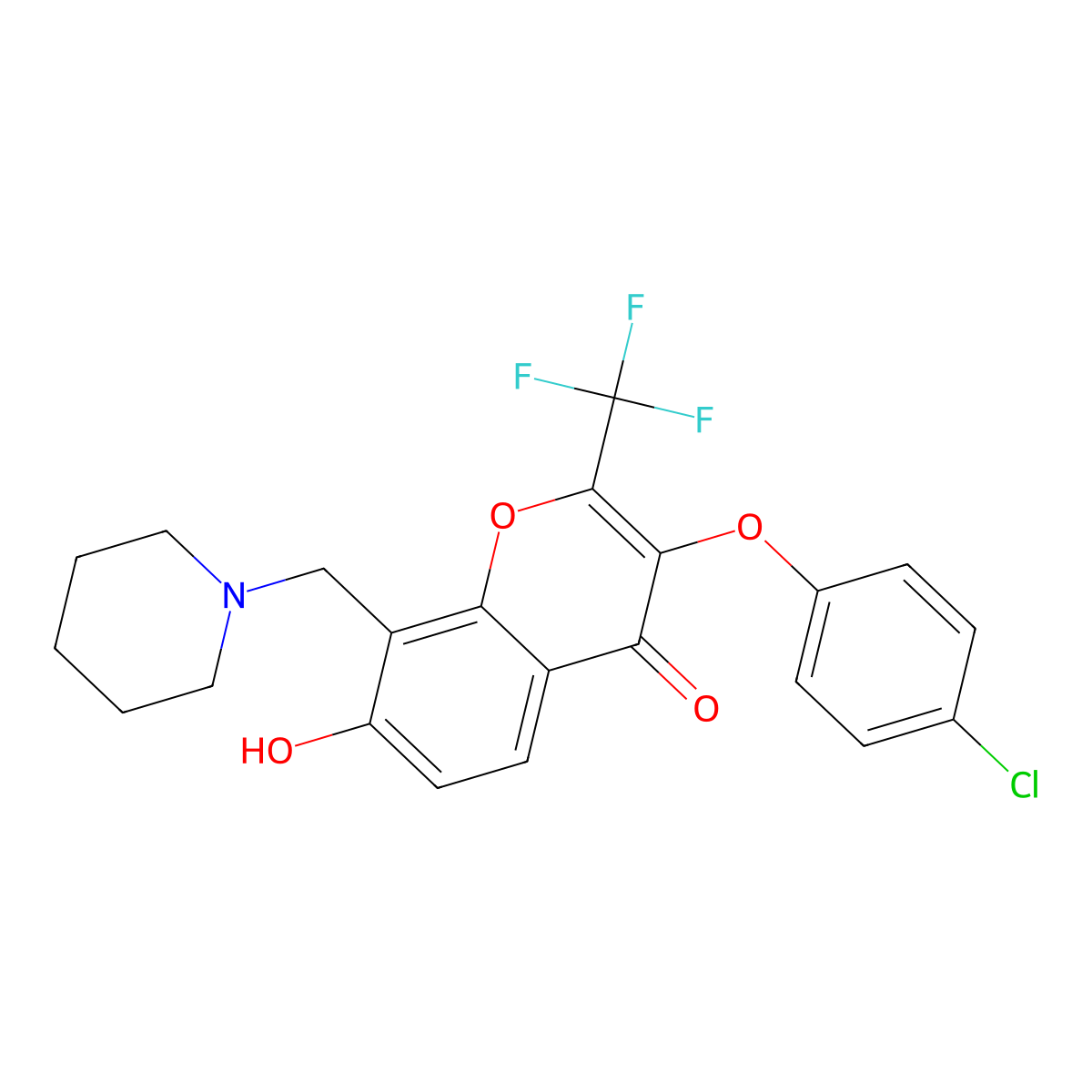 3-(4-Chlorophenoxy)-7-hydroxy-8-(piperidin-1-ylmethyl)-2-(trifluoromethyl)chromen-4-one molecular structure, CAS 685861-35-2