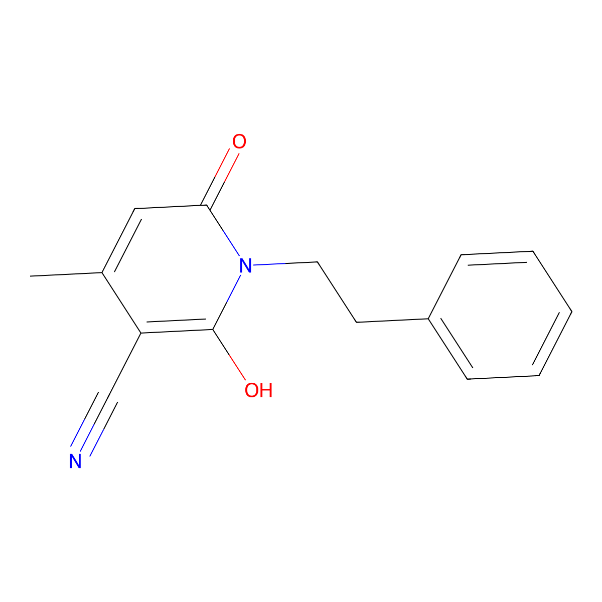 3-Pyridinecarbonitrile, 1,2-dihydro-6-hydroxy-4-methyl-2-oxo-1-(2-phenylethyl)- molecular structure, CAS 68612-93-1