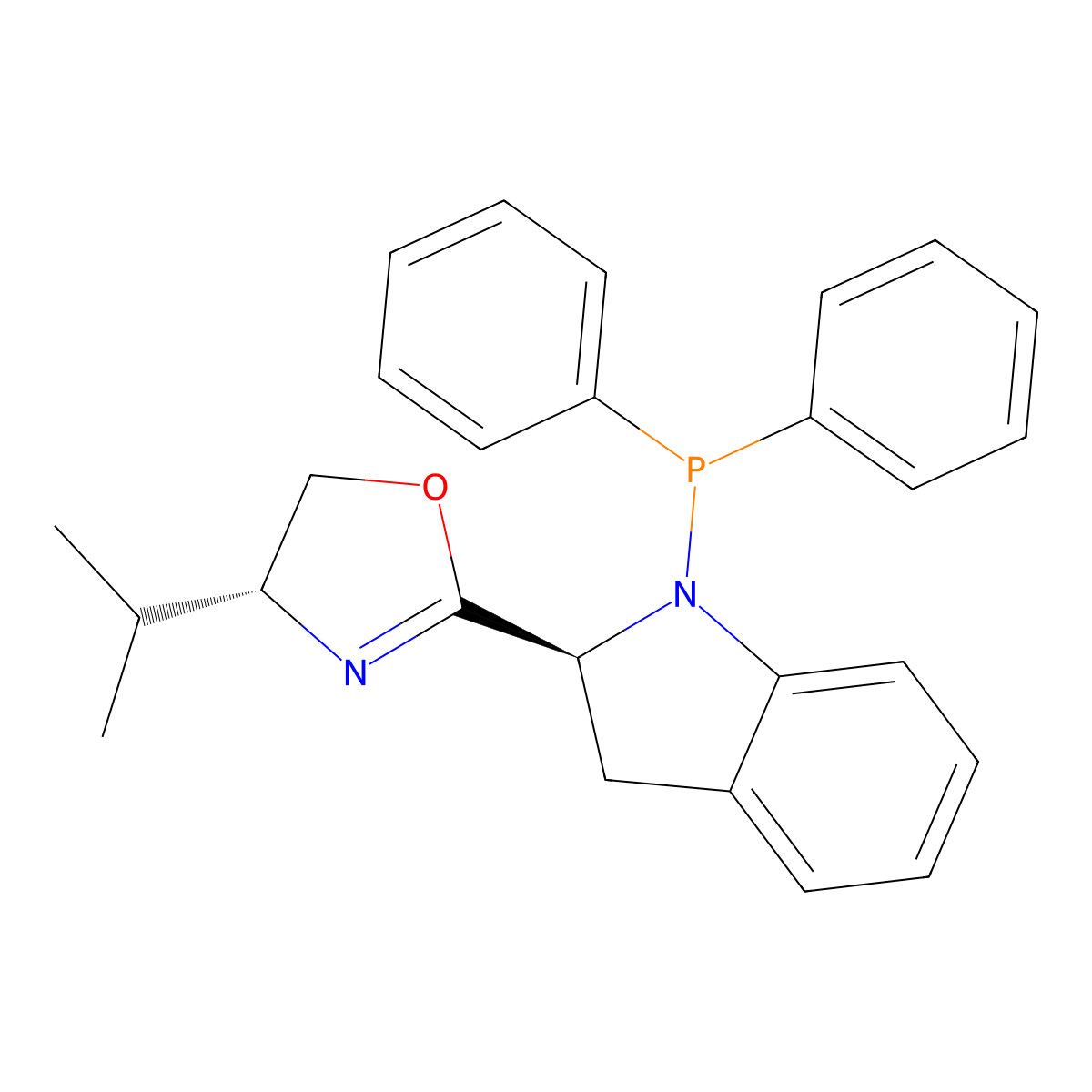 (R)-2-((S)-1-(Diphenylphosphanyl)indolin-2-yl)-4-isopropyl-4,5-dihydrooxazole molecular structure, CAS 686274-97-5