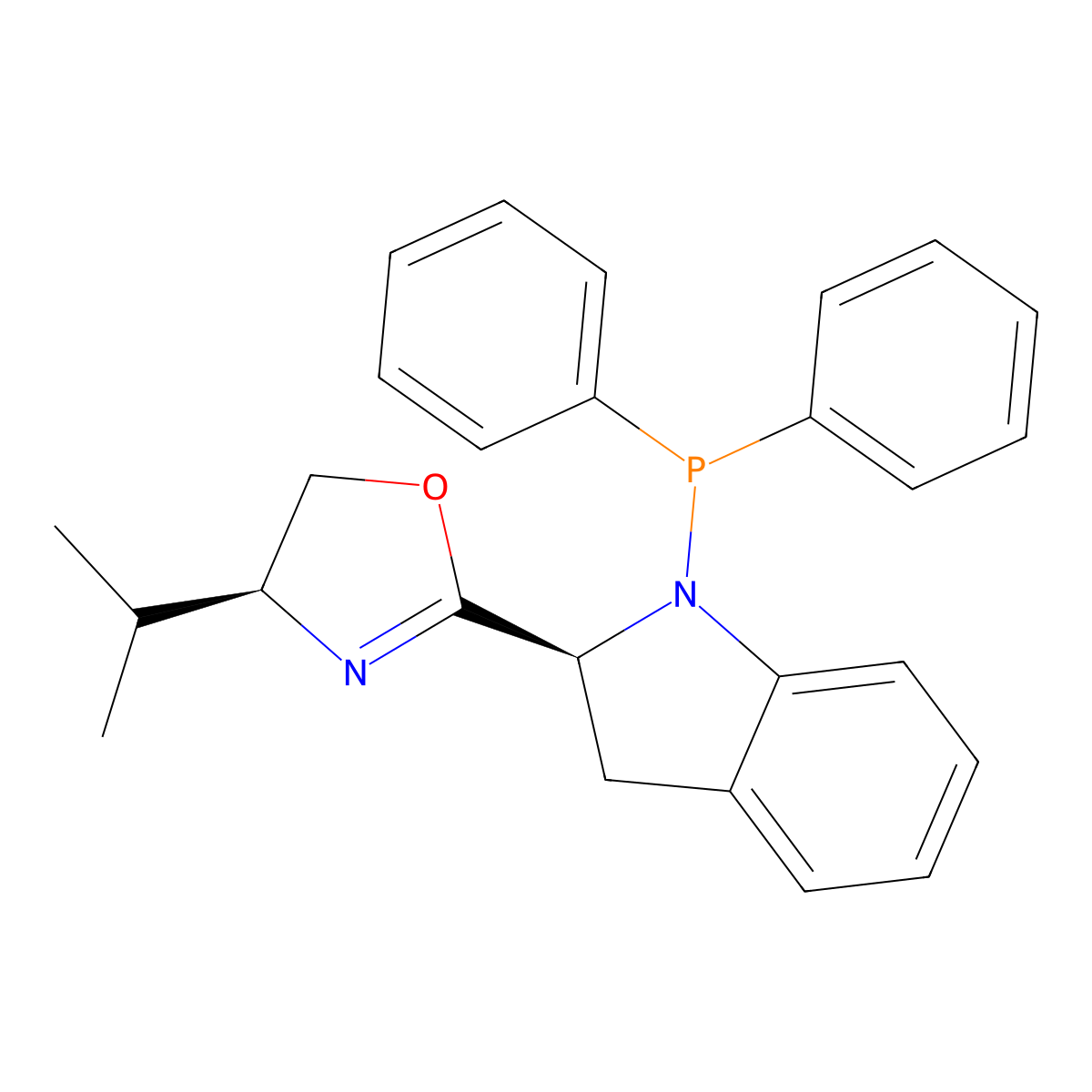 (S)-2-((S)-1-(Diphenylphosphanyl)indolin-2-yl)-4-isopropyl-4,5-dihydrooxazole molecular structure, CAS 686274-98-6
