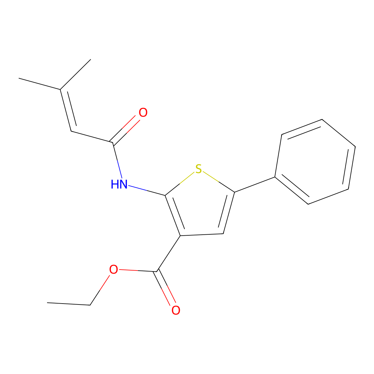 Ethyl 2-(3-methylbut-2-enamido)-5-phenylthiophene-3-carboxylate molecular structure, CAS 686281-55-0