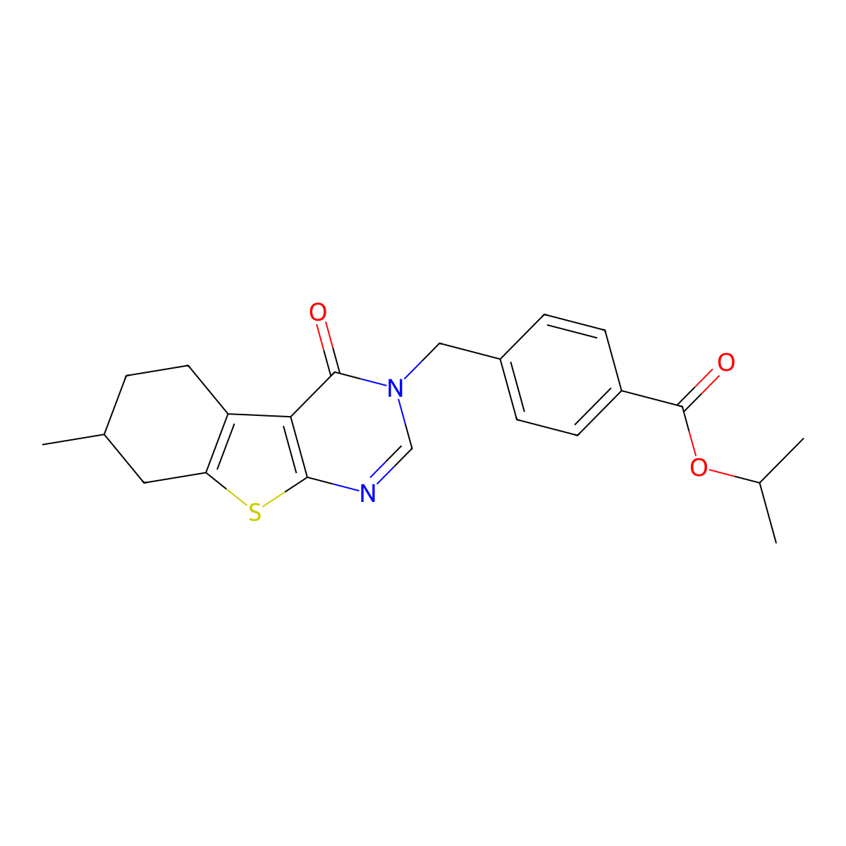 isopropyl 4-[(7-methyl-4-oxo-5,6,7,8-tetrahydro[1]benzothieno[2,3-d]pyrimidin-3(4H)-yl)methyl]benzoate molecular structure, CAS 686283-89-6