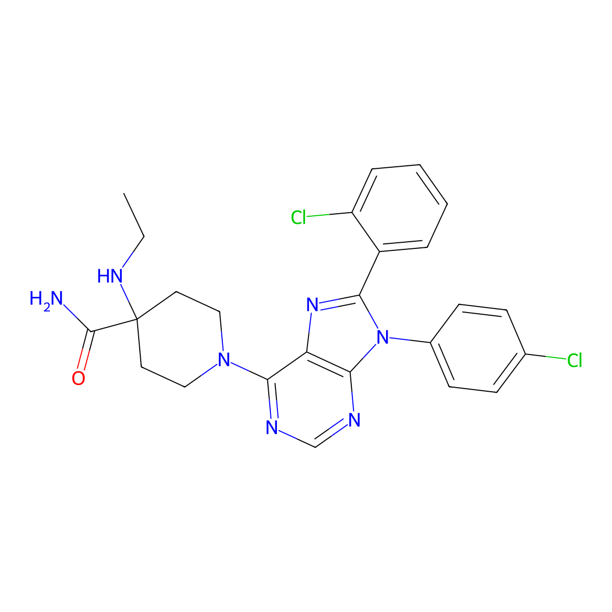 1-(9-(4-chlorophenyl)-8-(2-chlorophenyl)-9H-purin-6-yl)-4-ethylaminopiperidine-4-carboxylic acid amide molecular structure, CAS 686344-29-6