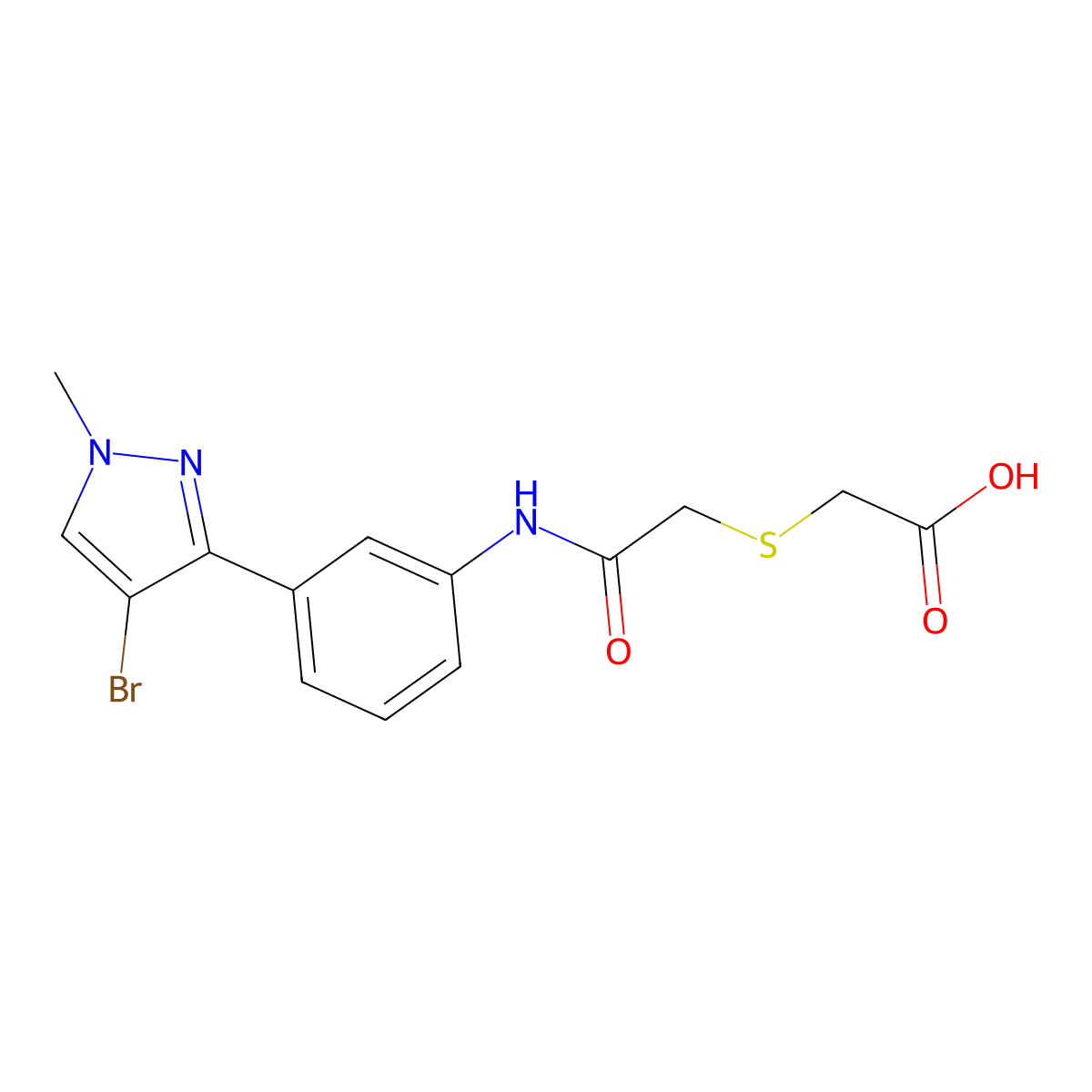 2-((2-((3-(4-Bromo-1-methyl-1H-pyrazol-3-yl)phenyl)amino)-2-oxoethyl)thio)acetic acid molecular structure, CAS 686711-32-0