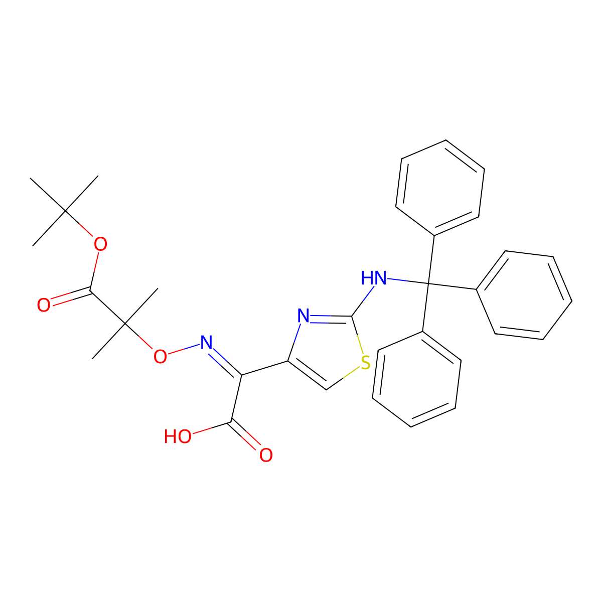 (Z)-alpha-((2-(tert-Butoxy)-1,1-dimethyl-2-oxoethoxy)imino)-2-(tritylamino)thiazol-4-acetic acid molecular structure, CAS 68672-66-2