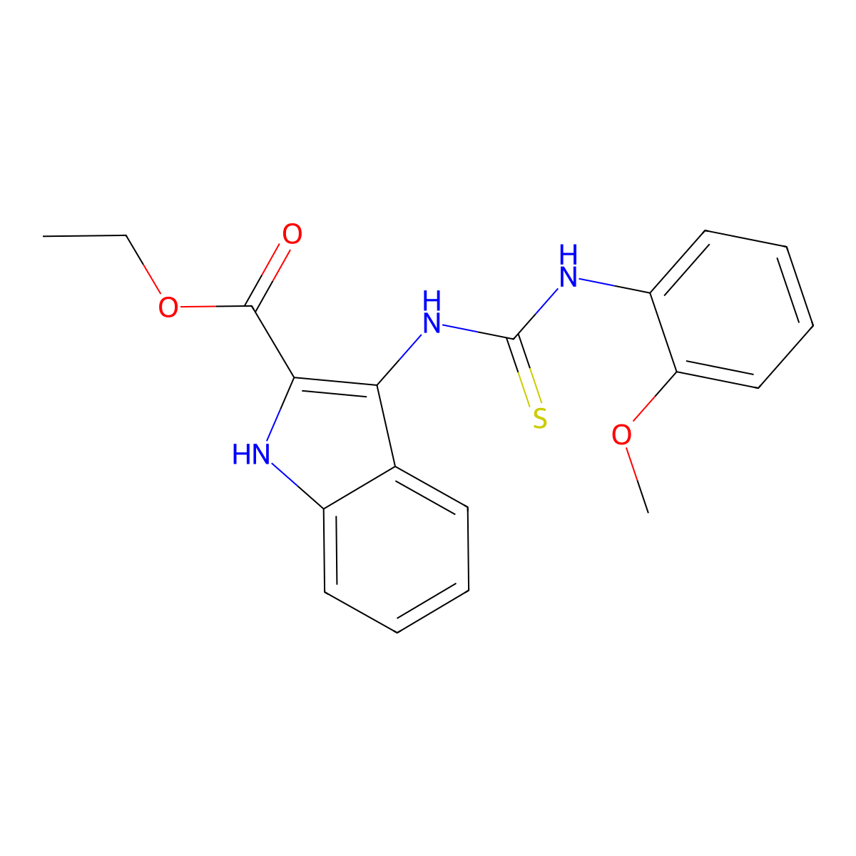 ethyl 3-(3-(2-methoxyphenyl)thioureido)-1H-indole-2-carboxylate molecular structure, CAS 686736-59-4