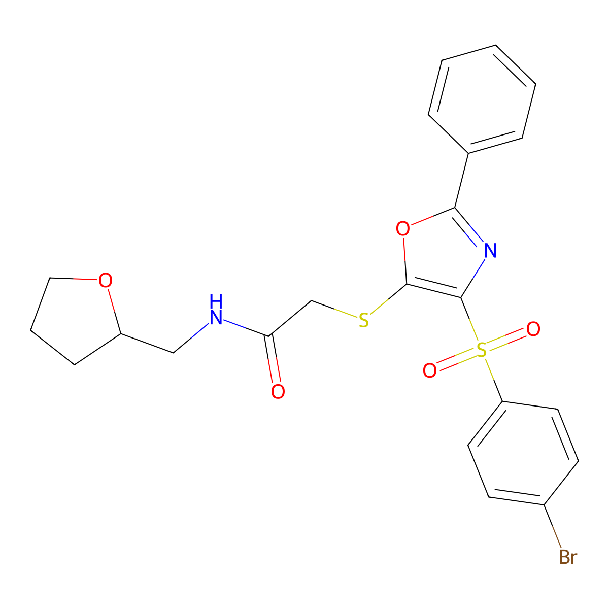 2-((4-((4-bromophenyl)sulfonyl)-2-phenyloxazol-5-yl)thio)-N-((tetrahydrofuran-2-yl)methyl)acetamide molecular structure, CAS 686736-93-6