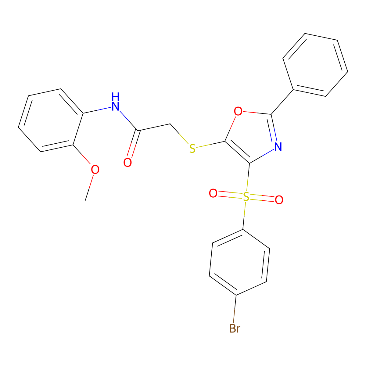 2-((4-((4-bromophenyl)sulfonyl)-2-phenyloxazol-5-yl)thio)-N-(2-methoxyphenyl)acetamide molecular structure, CAS 686736-95-8