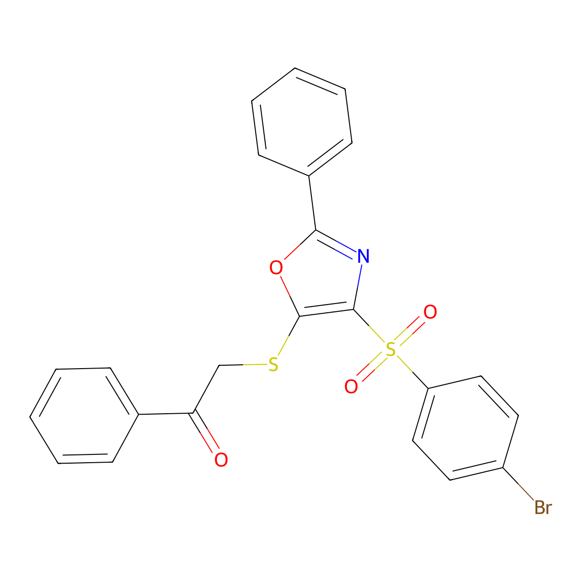 2-((4-((4-Bromophenyl)sulfonyl)-2-phenyloxazol-5-yl)thio)-1-phenylethanone molecular structure, CAS 686736-97-0