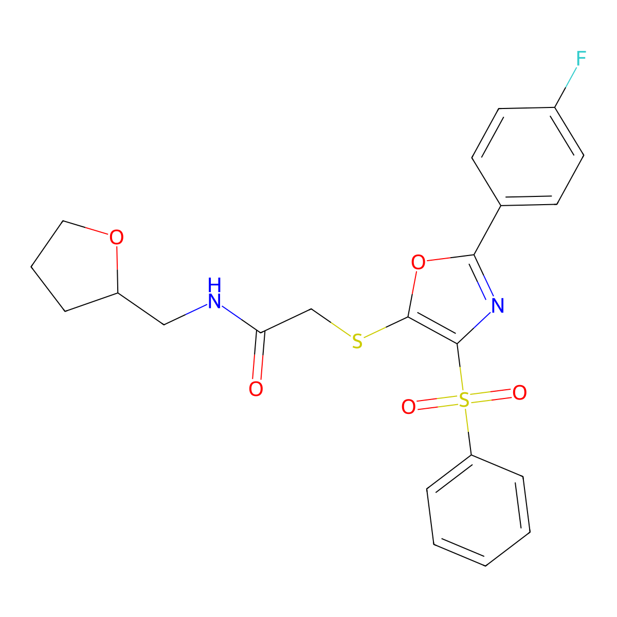 2-{[2-(4-fluorophenyl)-4-(phenylsulfonyl)-1,3-oxazol-5-yl]thio}-N-(tetrahydrofuran-2-ylmethyl)acetamide molecular structure, CAS 686737-00-8