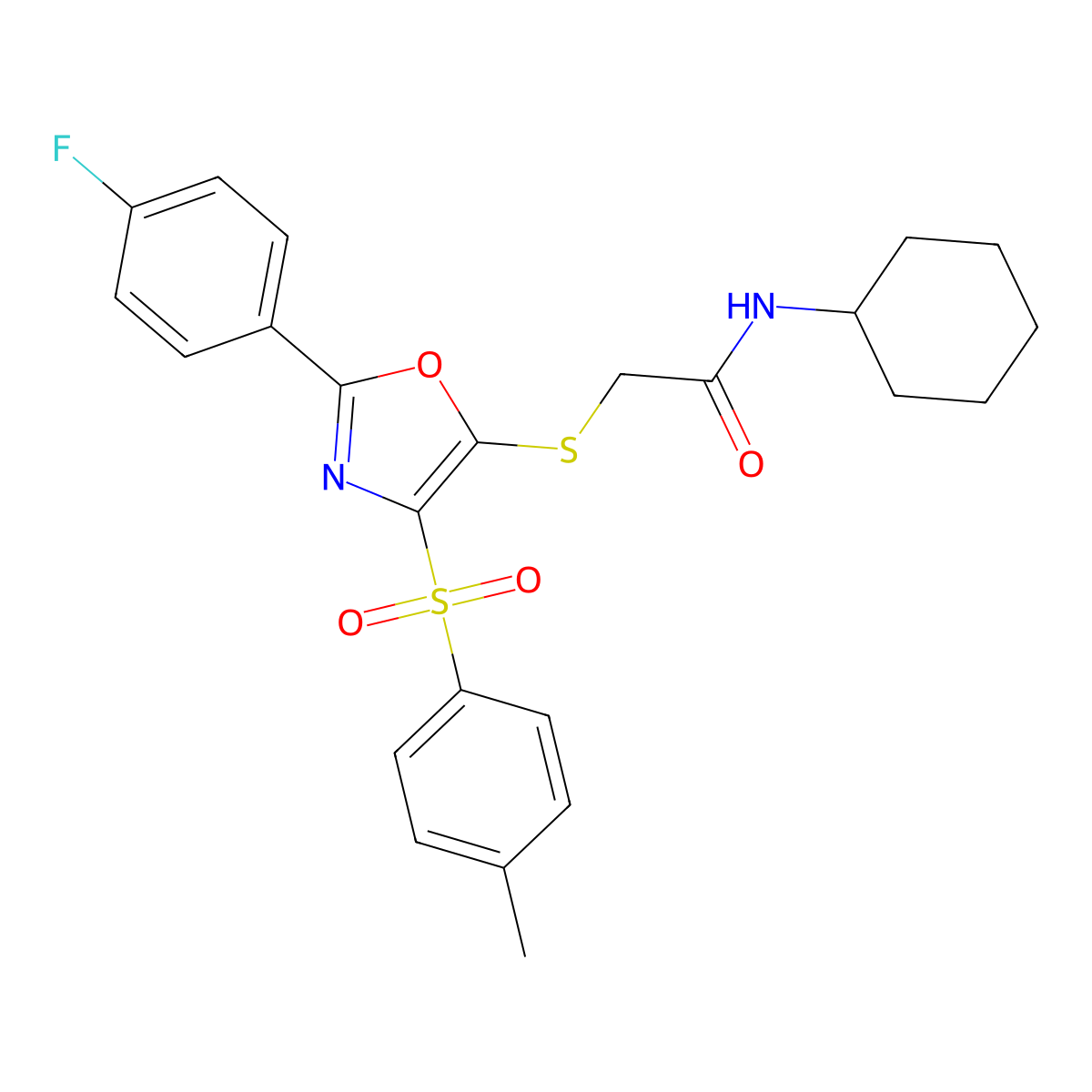 N-cyclohexyl-2-[[2-(4-fluorophenyl)-4-(4-methylphenyl)sulfonyl-1,3-oxazol-5-yl]sulfanyl]acetamide molecular structure, CAS 686737-12-2