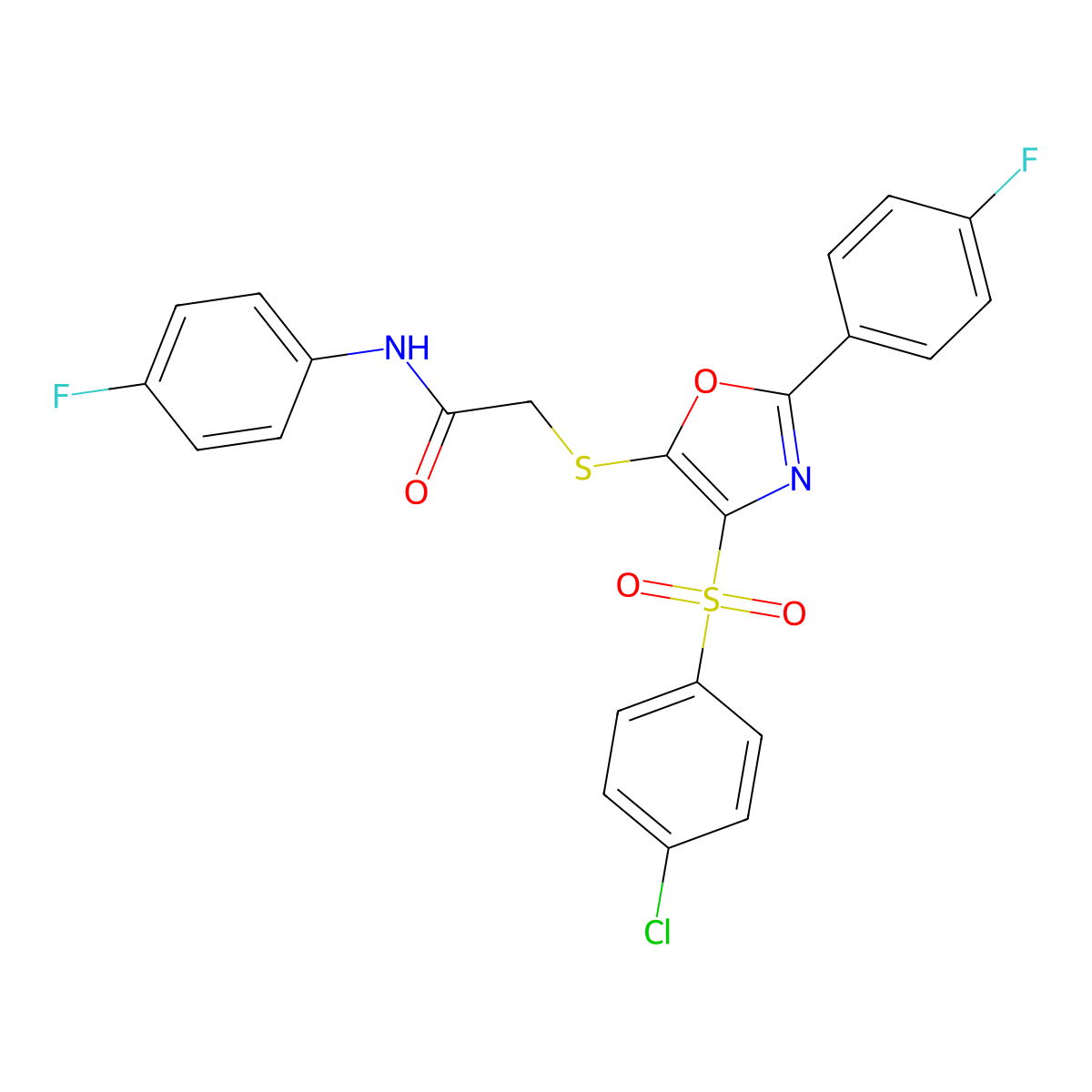 2-[[4-(4-chlorophenyl)sulfonyl-2-(4-fluorophenyl)-1,3-oxazol-5-yl]sulfanyl]-N-(4-fluorophenyl)acetamide molecular structure, CAS 686737-14-4