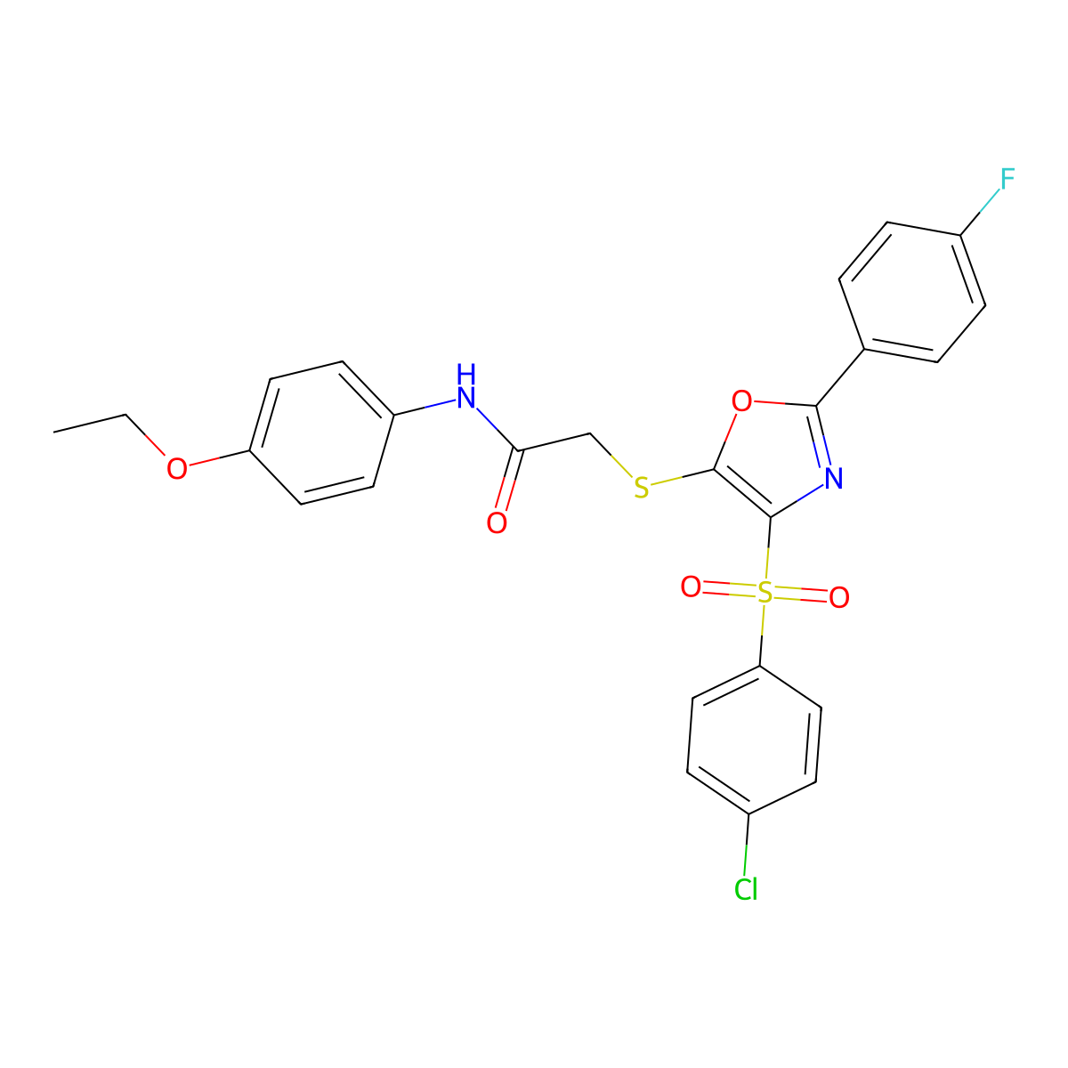 2-((4-((4-chlorophenyl)sulfonyl)-2-(4-fluorophenyl)oxazol-5-yl)thio)-N-(4-ethoxyphenyl)acetamide molecular structure, CAS 686737-15-5
