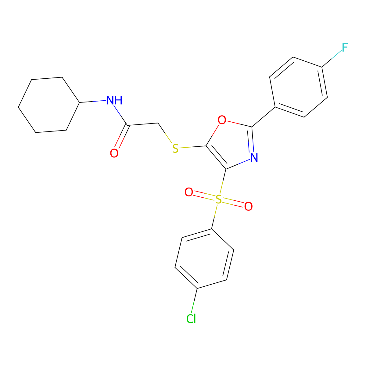2-[[4-(4-chlorophenyl)sulfonyl-2-(4-fluorophenyl)-1,3-oxazol-5-yl]sulfanyl]-N-cyclohexylacetamide molecular structure, CAS 686737-17-7