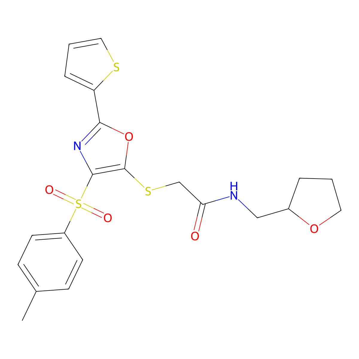 2-({4-[(4-methylphenyl)sulfonyl]-2-(thiophen-2-yl)-1,3-oxazol-5-yl}sulfanyl)-N-(tetrahydrofuran-2-ylmethyl)acetamide molecular structure, CAS 686737-38-2