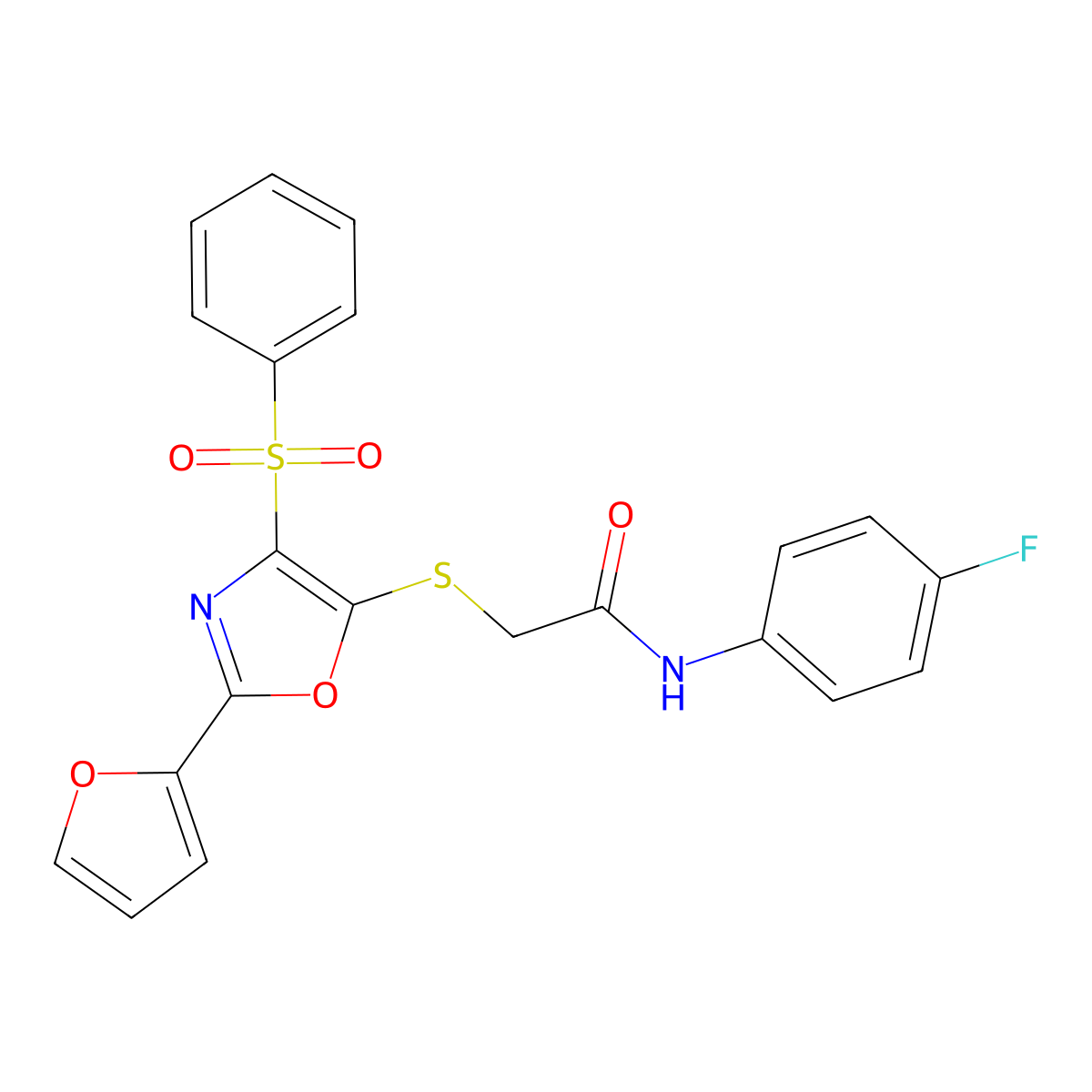 2-{[4-(benzenesulfonyl)-2-(furan-2-yl)-1,3-oxazol-5-yl]sulfanyl}-N-(4-fluorophenyl)acetamide molecular structure, CAS 686737-43-9