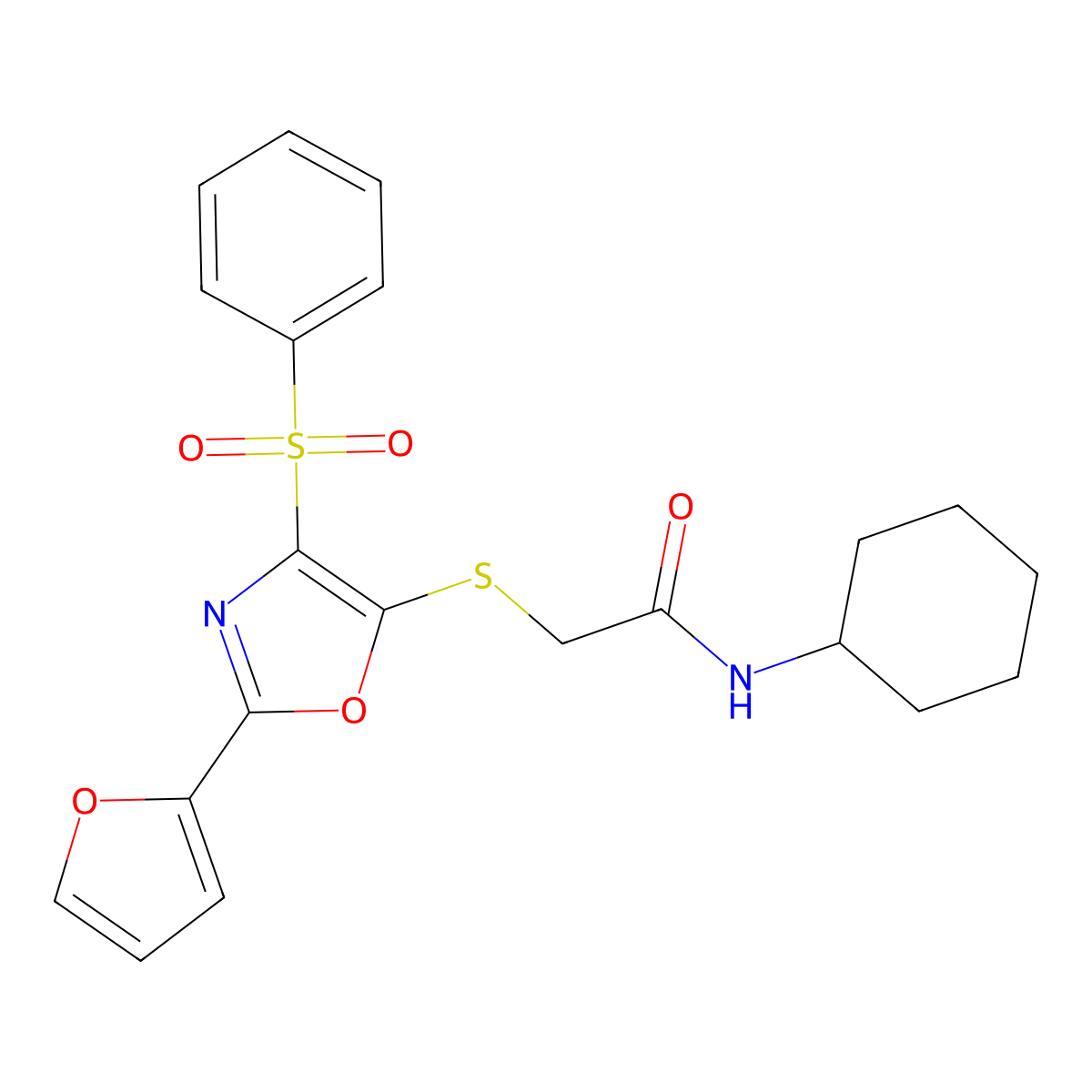 N-cyclohexyl-2-{[2-(furan-2-yl)-4-(phenylsulfonyl)-1,3-oxazol-5-yl]sulfanyl}acetamide molecular structure, CAS 686737-47-3