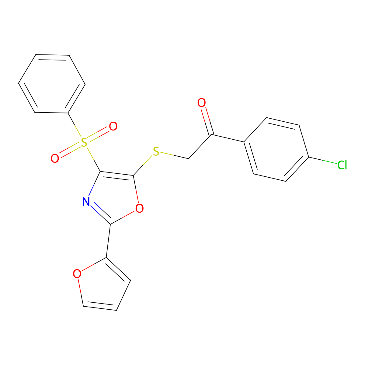 2-{[4-(Benzenesulfonyl)-2-(furan-2-yl)-1,3-oxazol-5-yl]sulfanyl}-1-(4-chlorophenyl)ethan-1-one molecular structure, CAS 686737-57-5