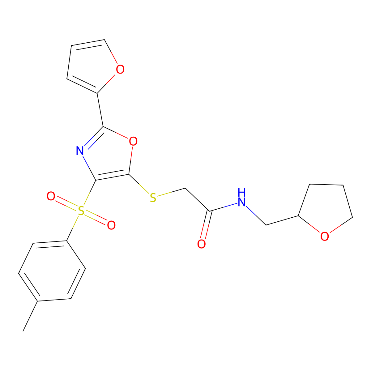 2-[[2-(furan-2-yl)-4-(4-methylphenyl)sulfonyl-1,3-oxazol-5-yl]sulfanyl]-N-(oxolan-2-ylmethyl)acetamide molecular structure, CAS 686737-63-3