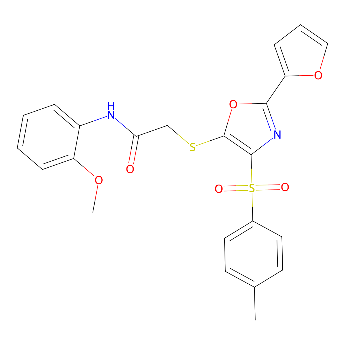 2-({2-(furan-2-yl)-4-[(4-methylphenyl)sulfonyl]-1,3-oxazol-5-yl}sulfanyl)-N-(2-methoxyphenyl)acetamide molecular structure, CAS 686737-65-5