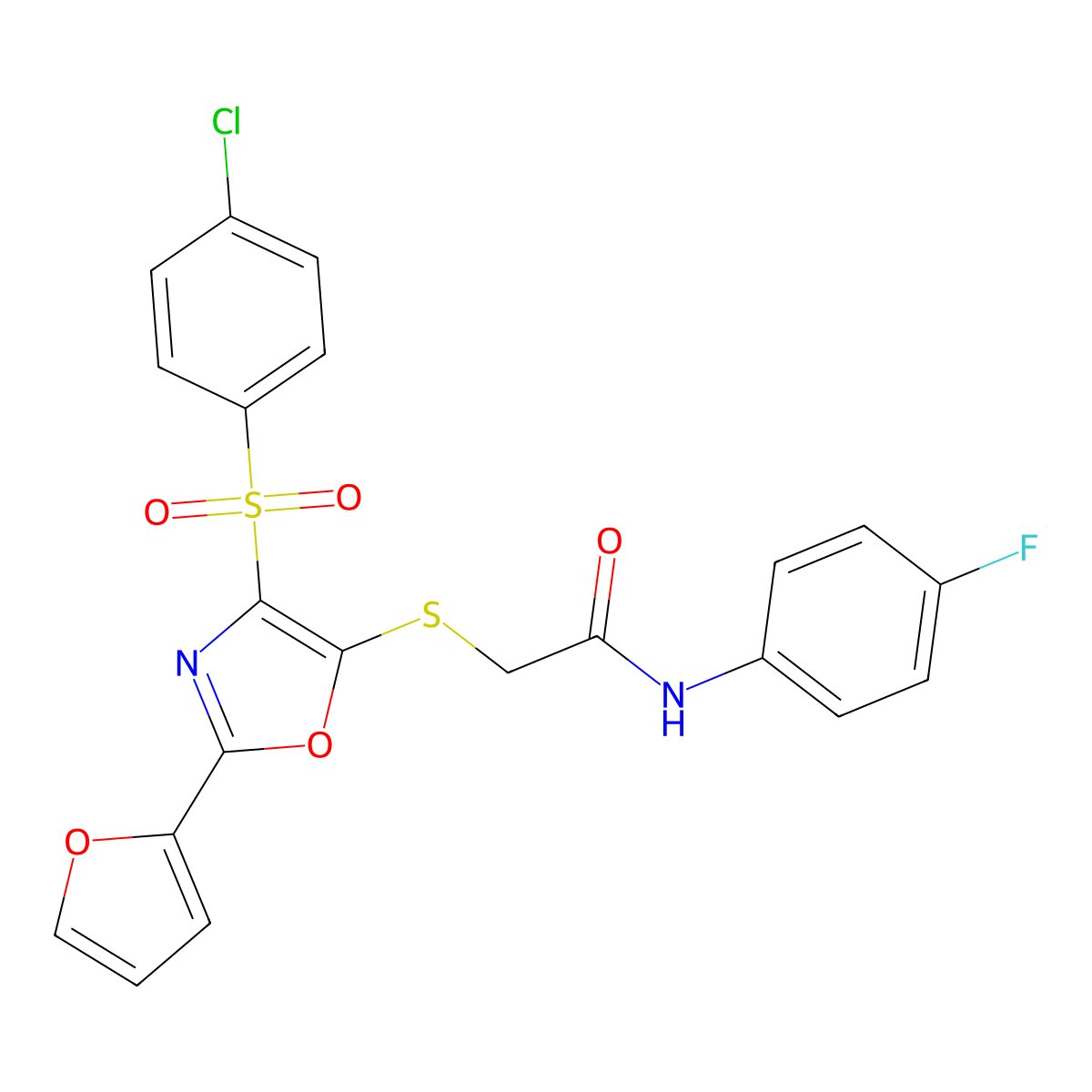 2-((4-((4-chlorophenyl)sulfonyl)-2-(furan-2-yl)oxazol-5-yl)thio)-N-(4-fluorophenyl)acetamide molecular structure, CAS 686737-82-6