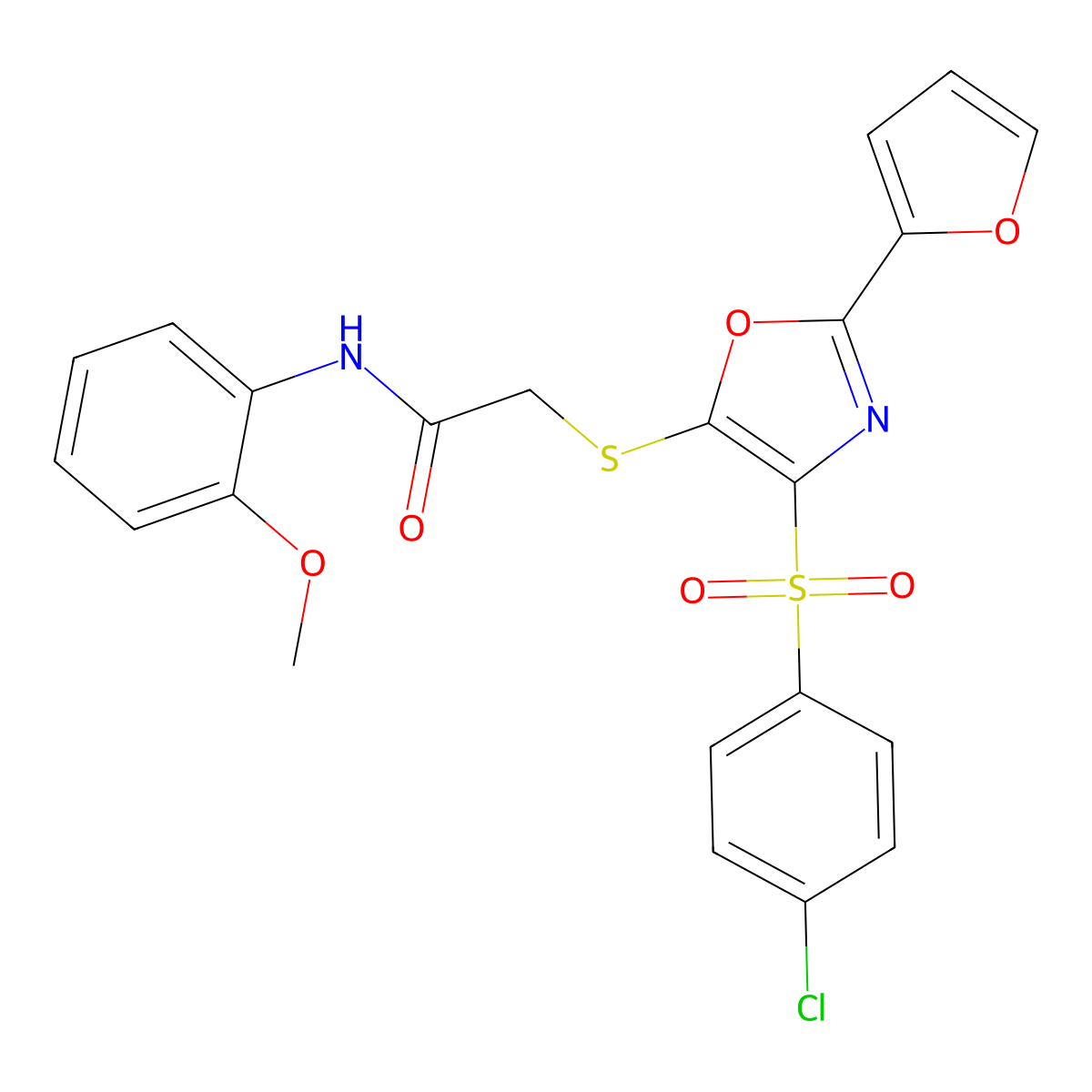 2-[[4-(4-chlorophenyl)sulfonyl-2-(furan-2-yl)-1,3-oxazol-5-yl]sulfanyl]-N-(2-methoxyphenyl)acetamide molecular structure, CAS 686737-95-1