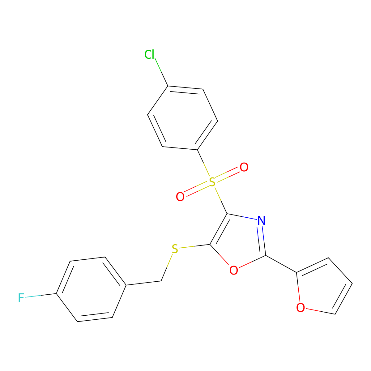 4-[(4-Chlorophenyl)sulfonyl]-5-[(4-fluorobenzyl)thio]-2-(2-furyl)-1,3-oxazole molecular structure, CAS 686738-05-6