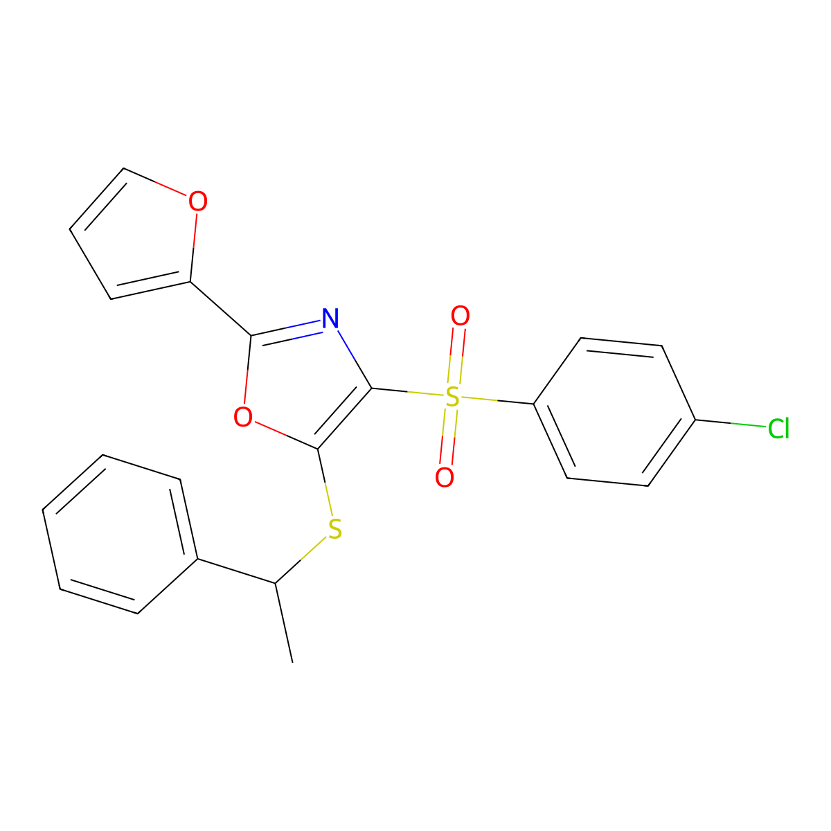 4-((4-Chlorophenyl)sulfonyl)-2-(furan-2-yl)-5-((1-phenylethyl)thio)oxazole molecular structure, CAS 686738-07-8