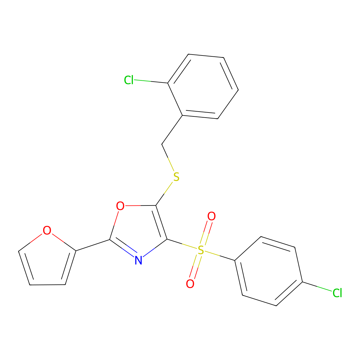5-((2-Chlorobenzyl)thio)-4-((4-chlorophenyl)sulfonyl)-2-(furan-2-yl)oxazole molecular structure, CAS 686738-09-0