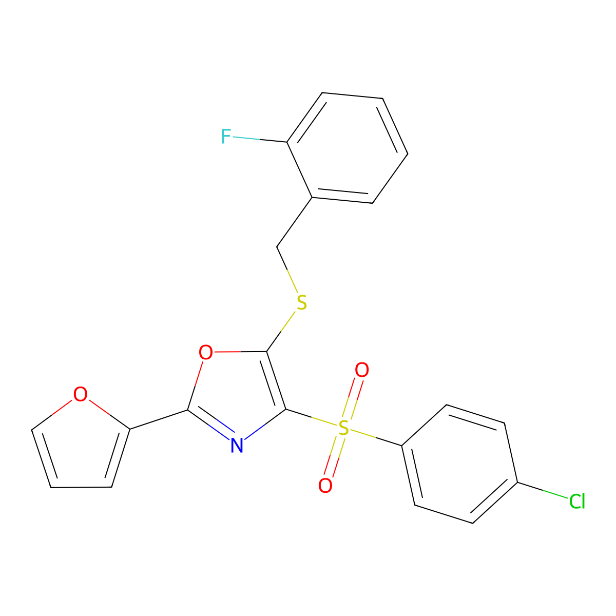 4-(4-Chlorobenzenesulfonyl)-5-{[(2-fluorophenyl)methyl]sulfanyl}-2-(furan-2-yl)-1,3-oxazole molecular structure, CAS 686738-13-6