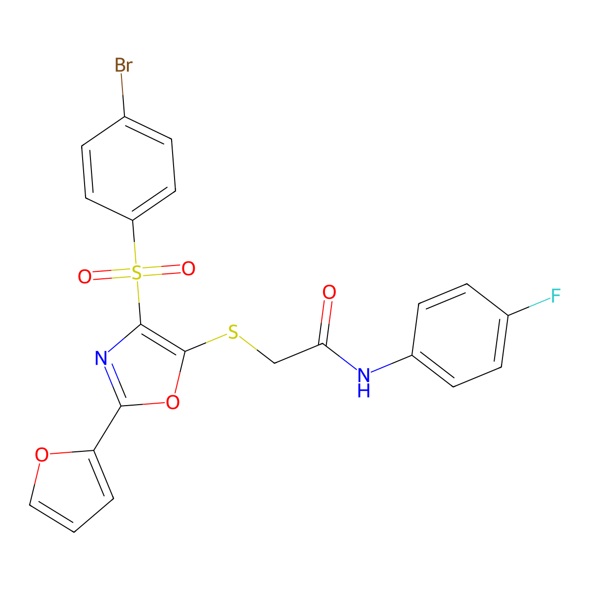 2-((4-((4-bromophenyl)sulfonyl)-2-(furan-2-yl)oxazol-5-yl)thio)-N-(4-fluorophenyl)acetamide molecular structure, CAS 686738-19-2