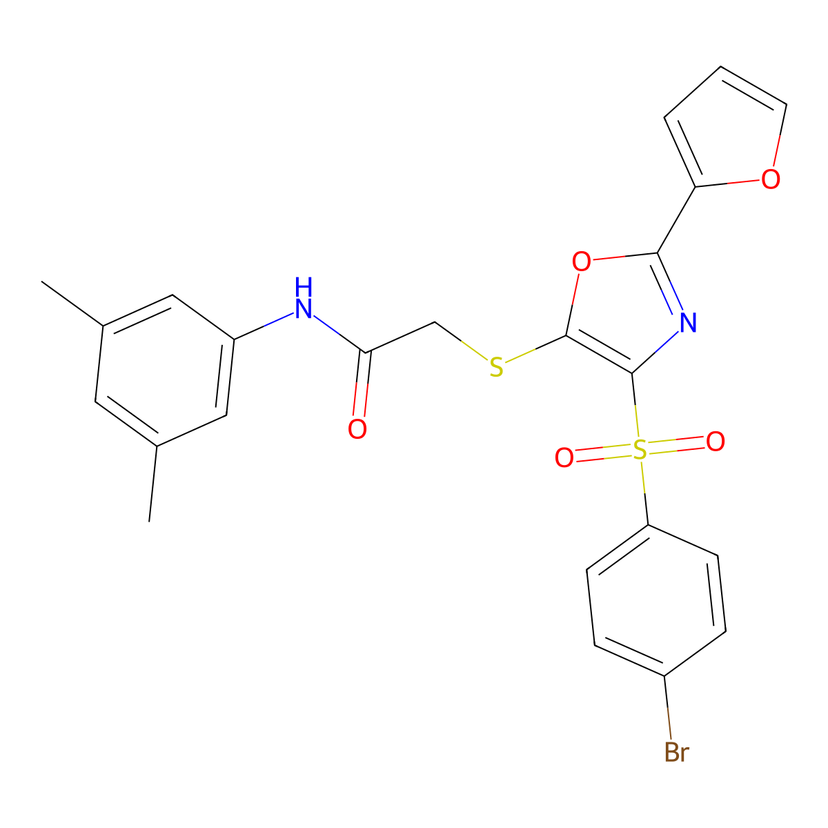 2-[[4-(4-bromophenyl)sulfonyl-2-(furan-2-yl)-1,3-oxazol-5-yl]sulfanyl]-N-(3,5-dimethylphenyl)acetamide molecular structure, CAS 686738-22-7