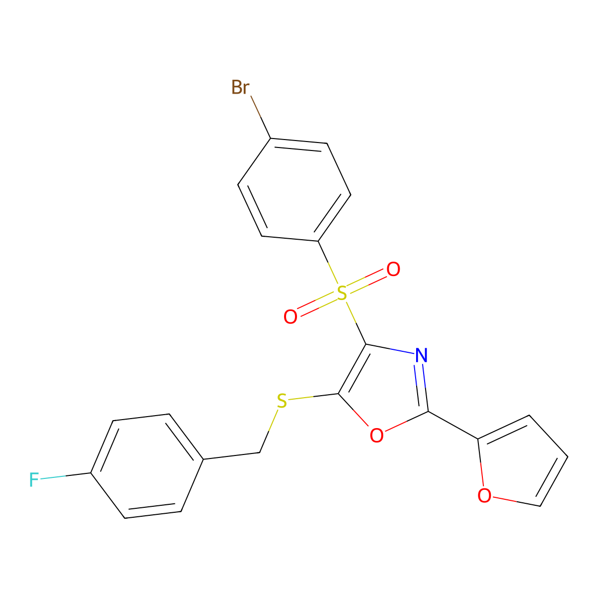 4-((4-Bromophenyl)sulfonyl)-5-((4-fluorobenzyl)thio)-2-(furan-2-yl)oxazole molecular structure, CAS 686738-34-1