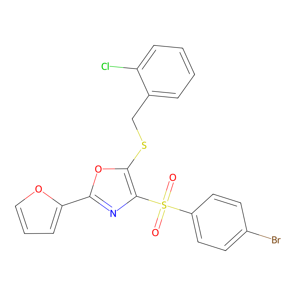 4-((4-Bromophenyl)sulfonyl)-5-((2-chlorobenzyl)thio)-2-(furan-2-yl)oxazole molecular structure, CAS 686738-36-3