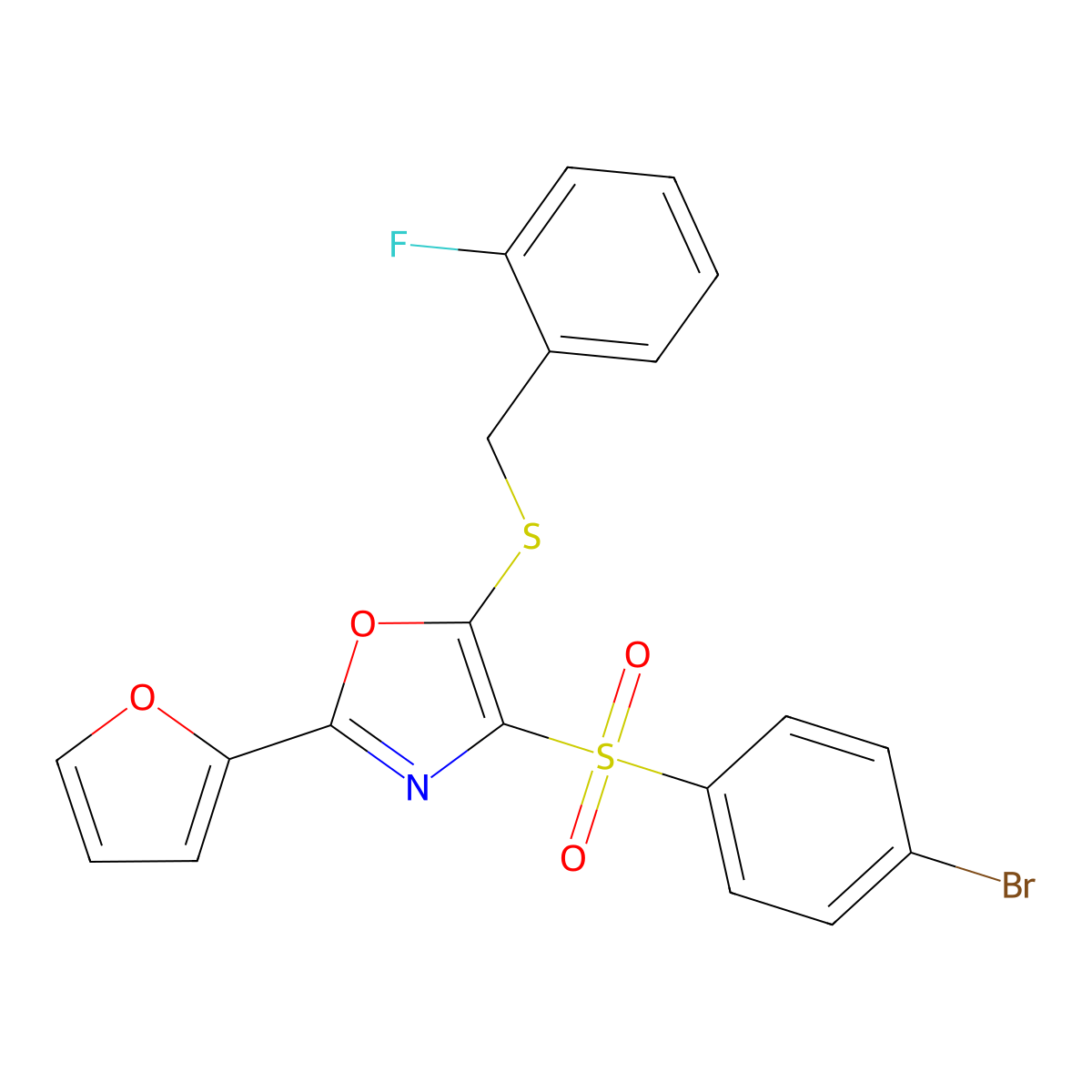 4-((4-Bromophenyl)sulfonyl)-5-((2-fluorobenzyl)thio)-2-(furan-2-yl)oxazole molecular structure, CAS 686738-38-5