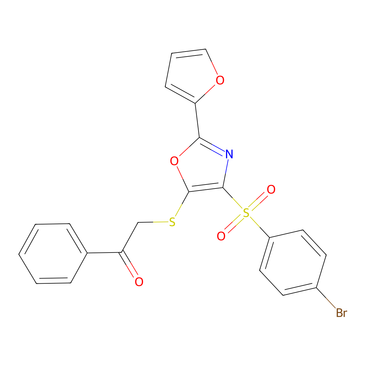 2-((4-((4-Bromophenyl)sulfonyl)-2-(furan-2-yl)oxazol-5-yl)thio)-1-phenylethanone molecular structure, CAS 686738-39-6
