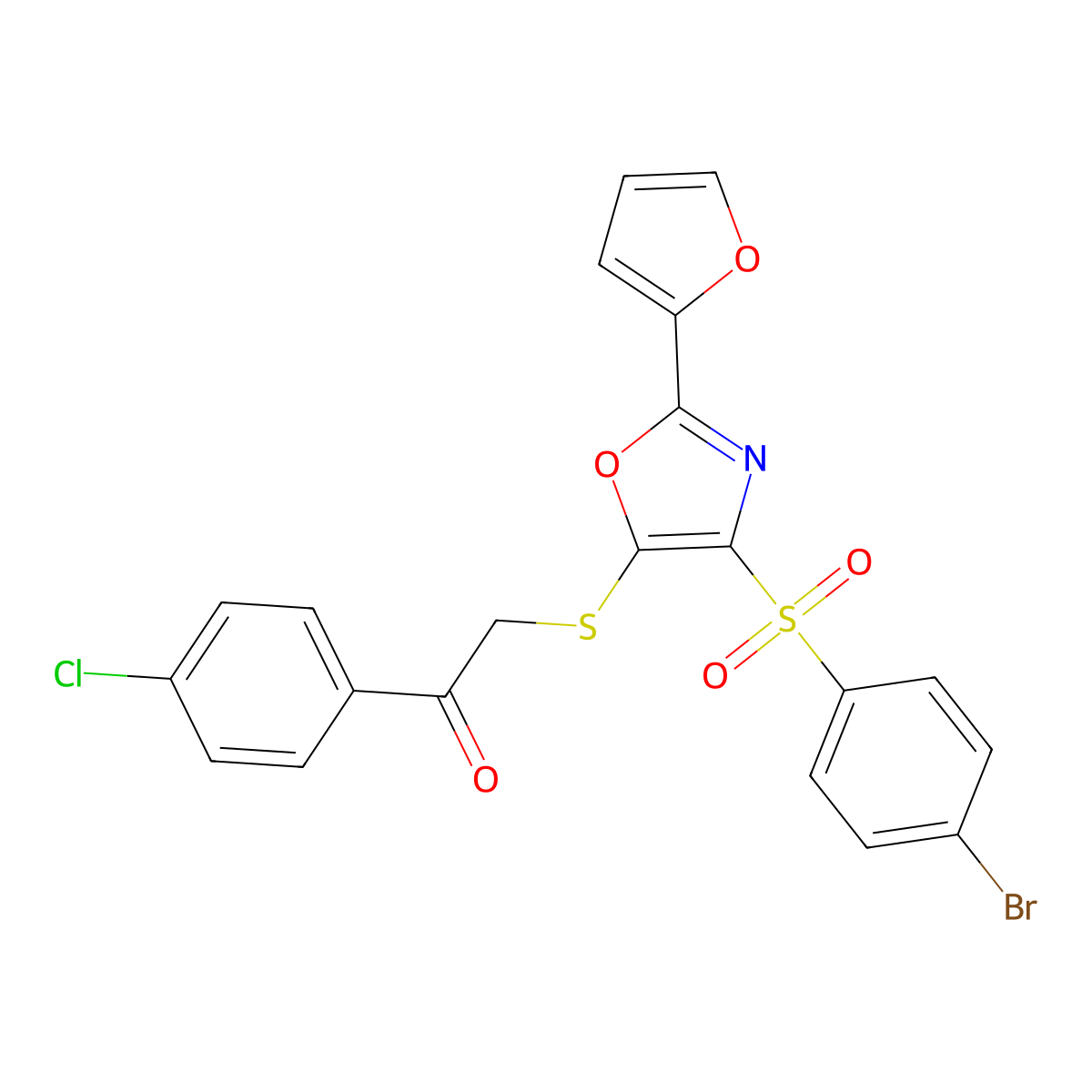 2-((4-((4-Bromophenyl)sulfonyl)-2-(furan-2-yl)oxazol-5-yl)thio)-1-(4-chlorophenyl)ethanone molecular structure, CAS 686738-40-9