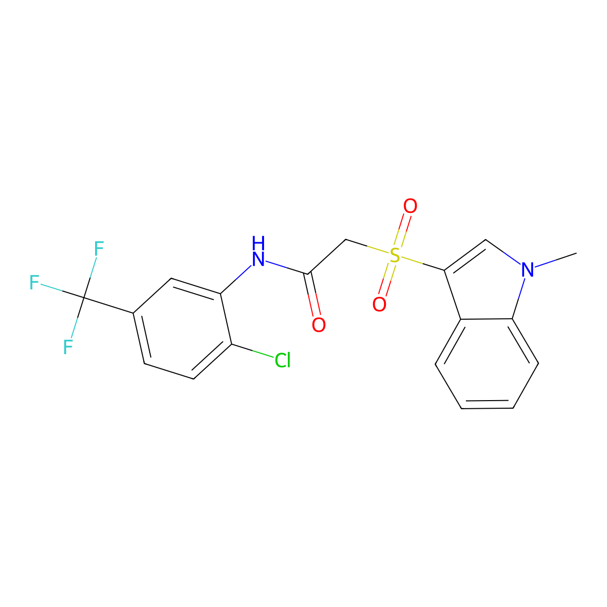 N-[2-chloro-5-(trifluoromethyl)phenyl]-2-(1-methylindol-3-yl)sulfonylacetamide molecular structure, CAS 686743-40-8