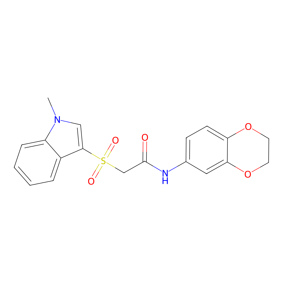 N-(2,3-dihydrobenzo[b][1,4]dioxin-6-yl)-2-((1-methyl-1H-indol-3-yl)sulfonyl)acetamide molecular structure, CAS 686743-53-3