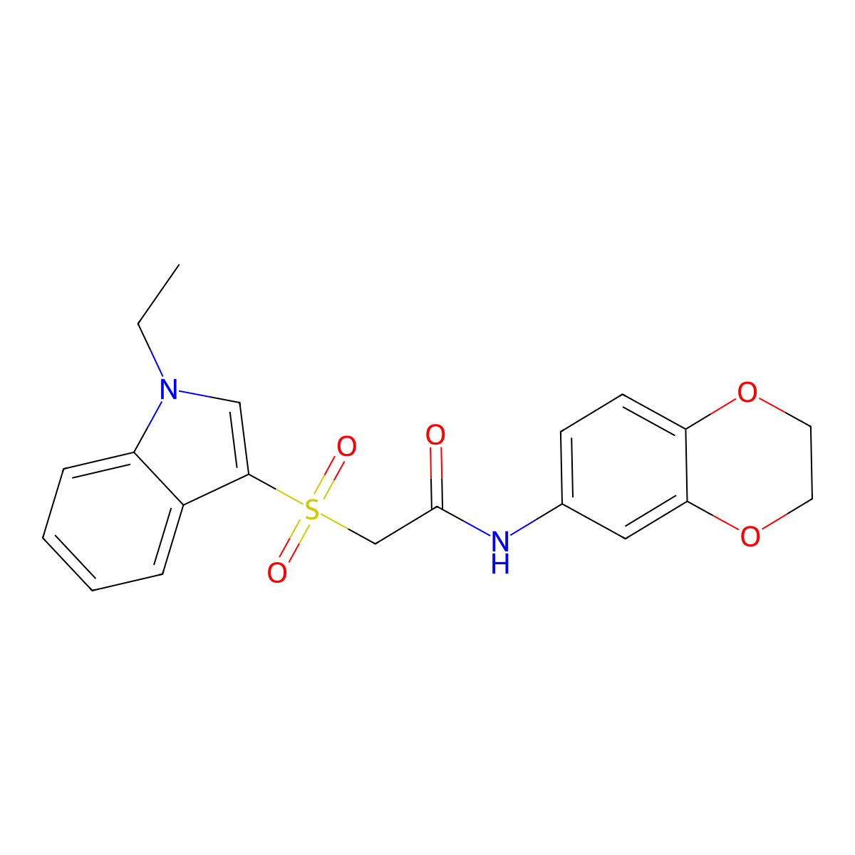 N-(2,3-dihydro-1,4-benzodioxin-6-yl)-2-(1-ethylindol-3-yl)sulfonylacetamide molecular structure, CAS 686743-75-9