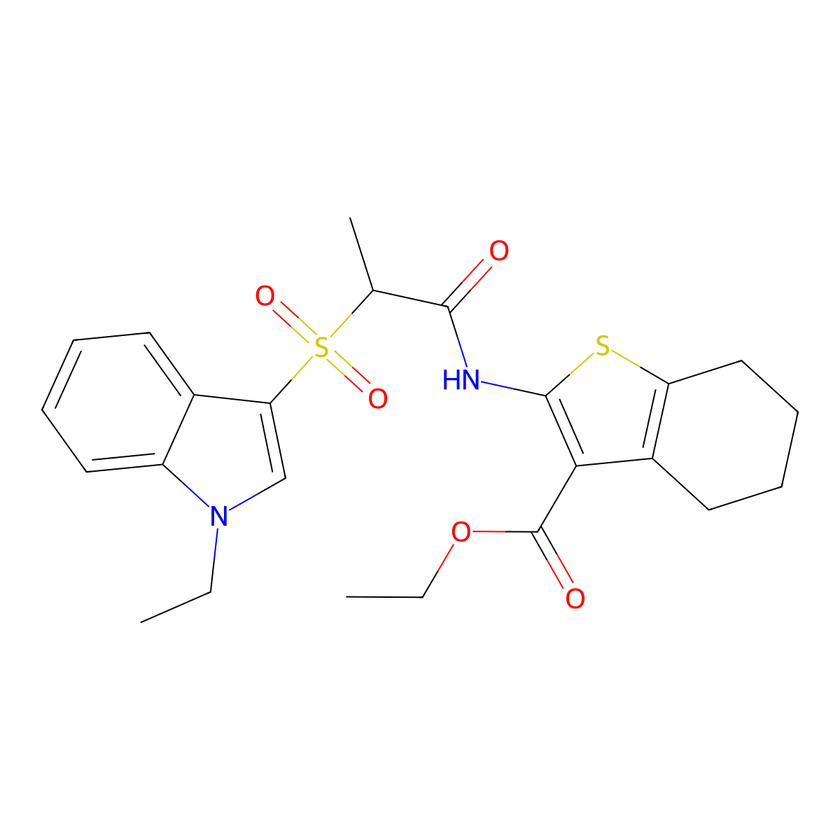 ethyl 2-(2-((1-ethyl-1H-indol-3-yl)sulfonyl)propanamido)-4,5,6,7-tetrahydrobenzo[b]thiophene-3-carboxylate molecular structure, CAS 686743-78-2