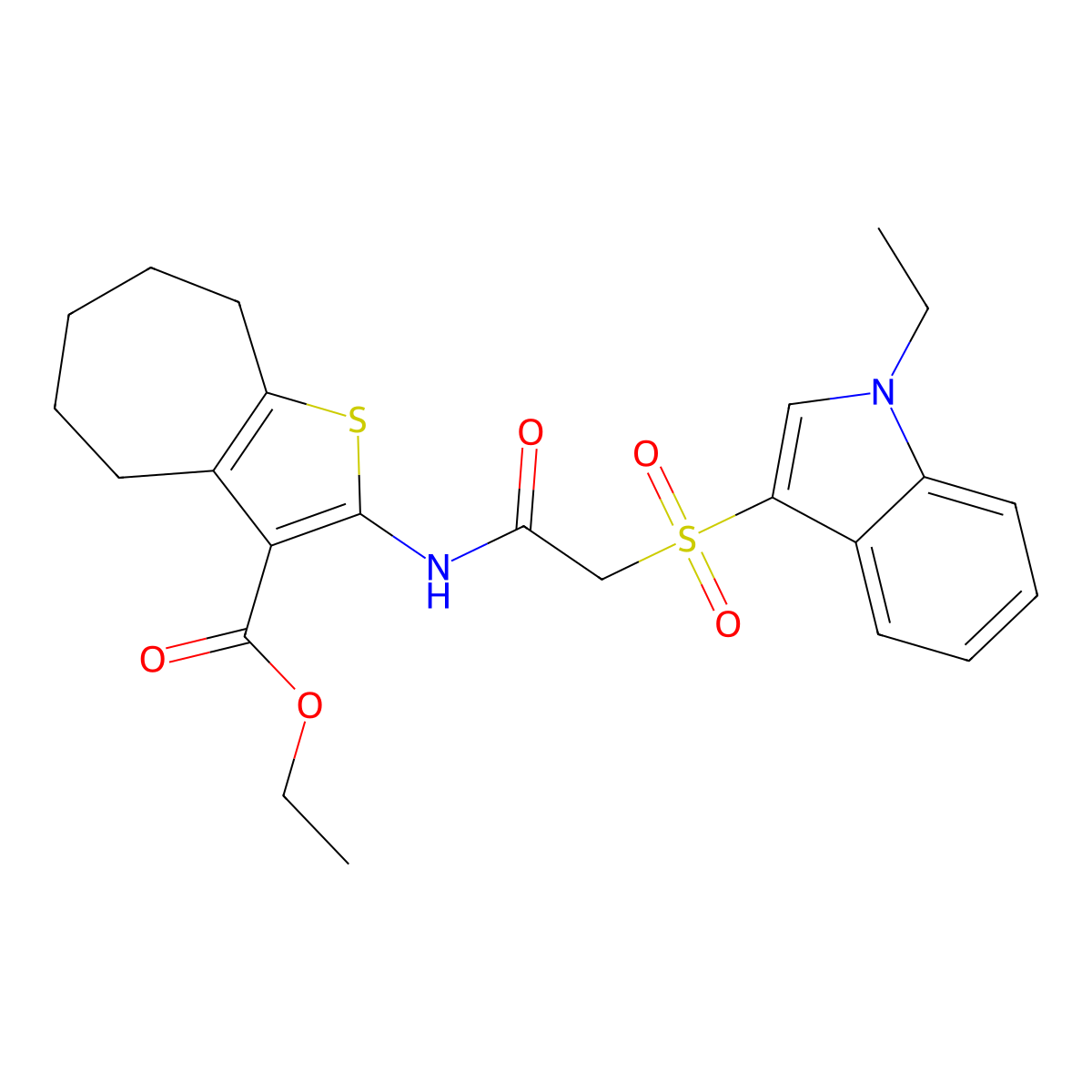 ethyl 2-(2-((1-ethyl-1H-indol-3-yl)sulfonyl)acetamido)-5,6,7,8-tetrahydro-4H-cyclohepta[b]thiophene-3-carboxylate molecular structure, CAS 686743-79-3
