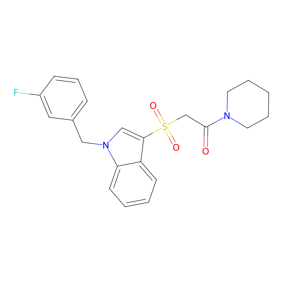 2-[1-[(3-Fluorophenyl)methyl]indol-3-yl]sulfonyl-1-piperidin-1-ylethanone molecular structure, CAS 686743-81-7