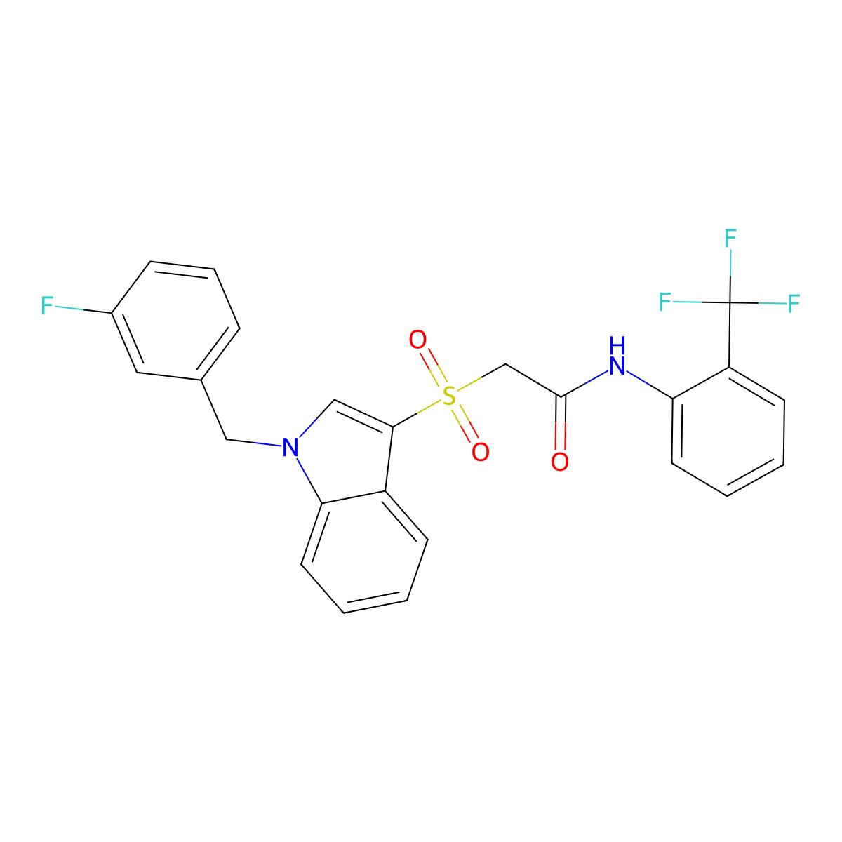 2-[1-[(3-fluorophenyl)methyl]indol-3-yl]sulfonyl-N-[2-(trifluoromethyl)phenyl]acetamide molecular structure, CAS 686743-88-4